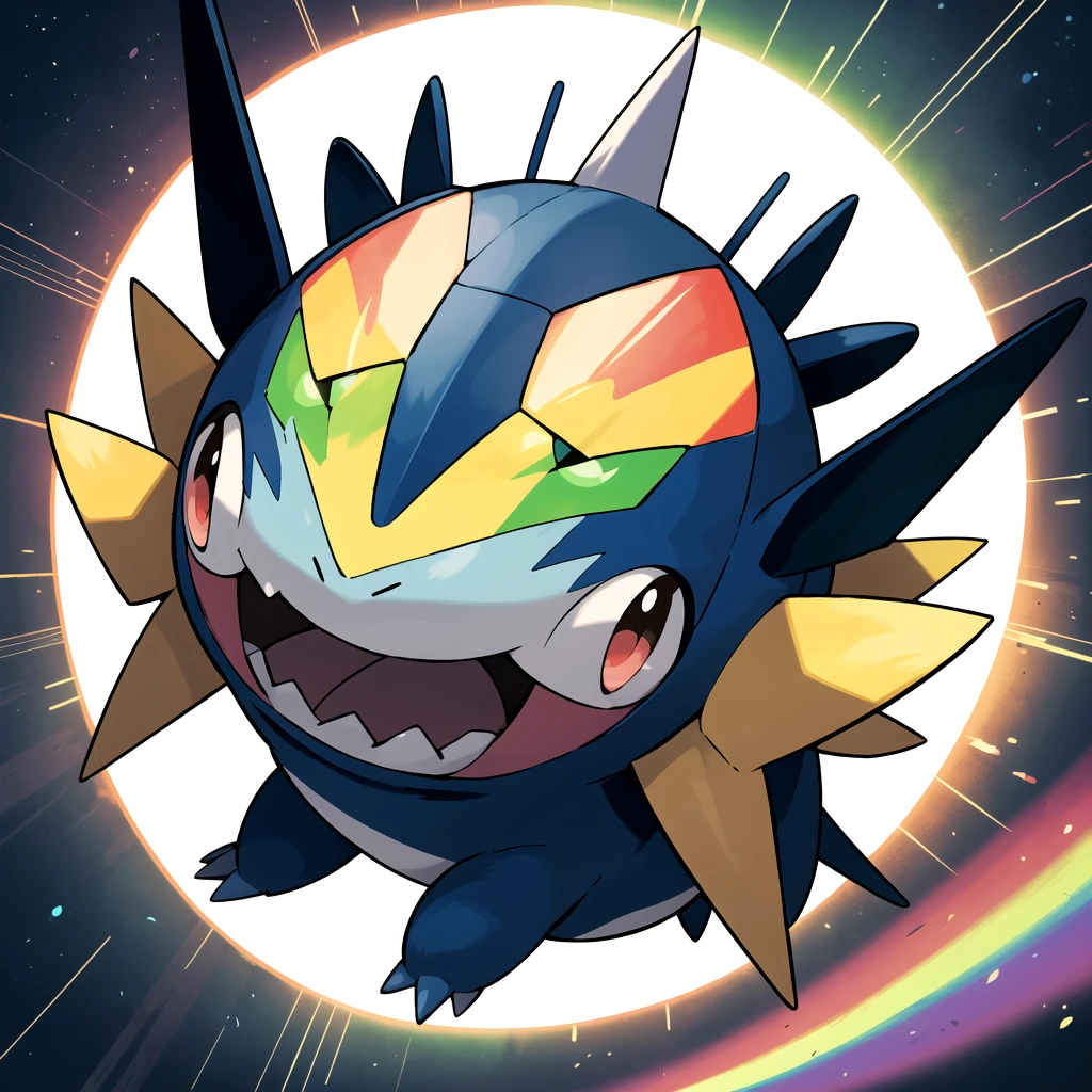 highres, masterpiece, sugimori ken \(style\), picture of a normal type multicolor pokemon \(creature\), pokemon made of glowing light, light, detailed prism lighting, happy, cute, floating, sunny day