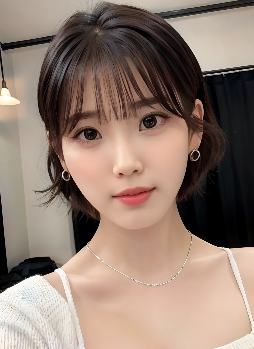 best quality,IU, Lee Ji Eun, 1girl, solo, looking at viewer, short hair, brown hair, dress,earrings, necklace, black eyes, lips,  <lora:IU_v4_1:0.7>