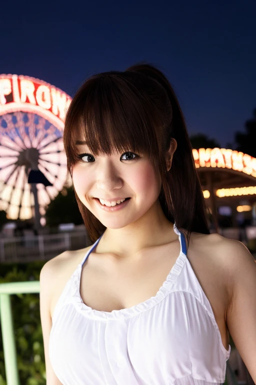 sfw, masterpiece, best quality, ultra high res, ultra detail, realistic, photorealistic, ultra realistic, professional lighting, depth of field, looking at viewer, hikari, 1girl, solo, dynamic pose, dynamic angle, extreme detailed face, perfect face, smile:0.3, casual dress, evening, amusement park, ferris wheel