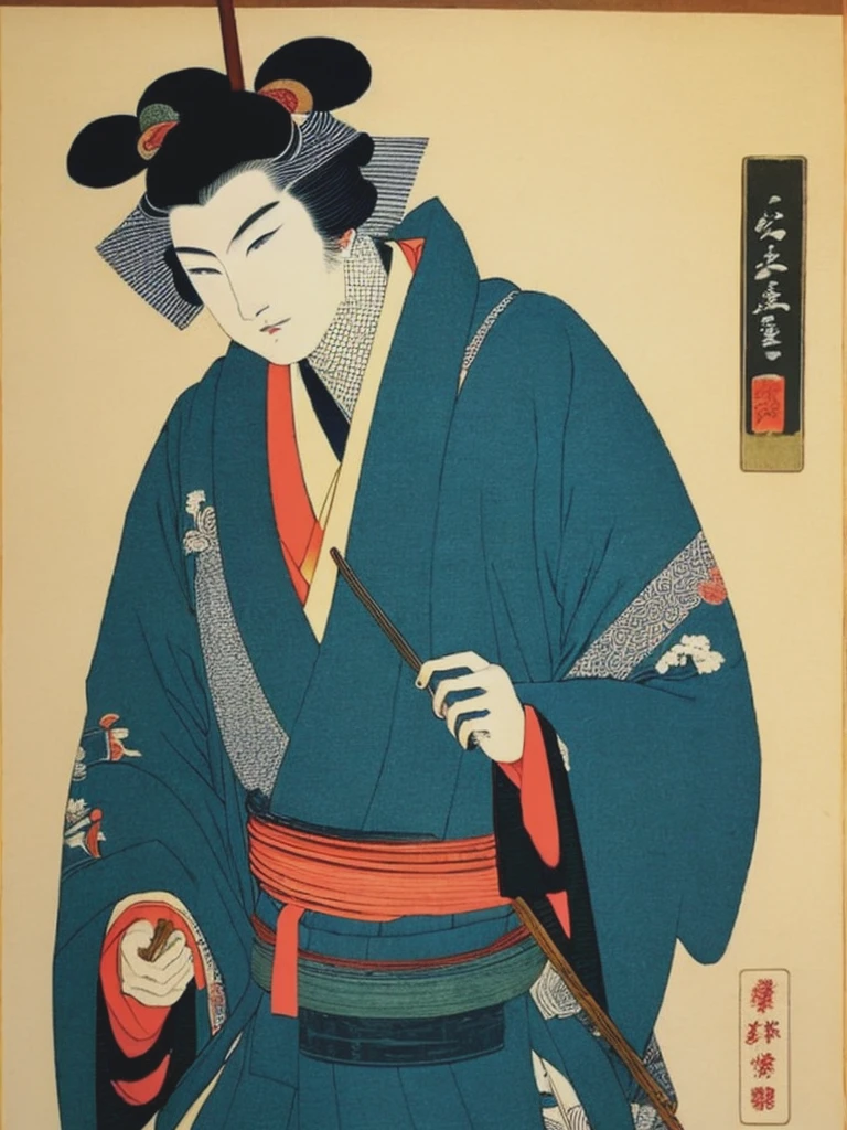 <lyco:Ukiyo-eArt:1.0> Samurai holding chopsticks ,Ukiyo-e