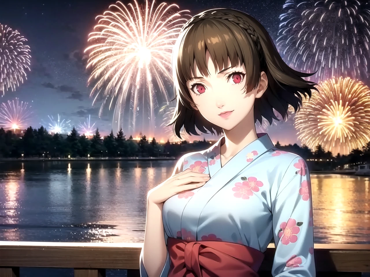 masterpiece, best quality, 1girl, solo, dsmakoto, 1girl, brown hair, short hair, crown braid, red eyes, smiling, floral print yukata, festival, lake, cityscape, fireworks, night sky, detailed background, soejima shigenori
 <lora:dsmakoto-v2:1> <lyco:p5-anime_style_lc:0.65>