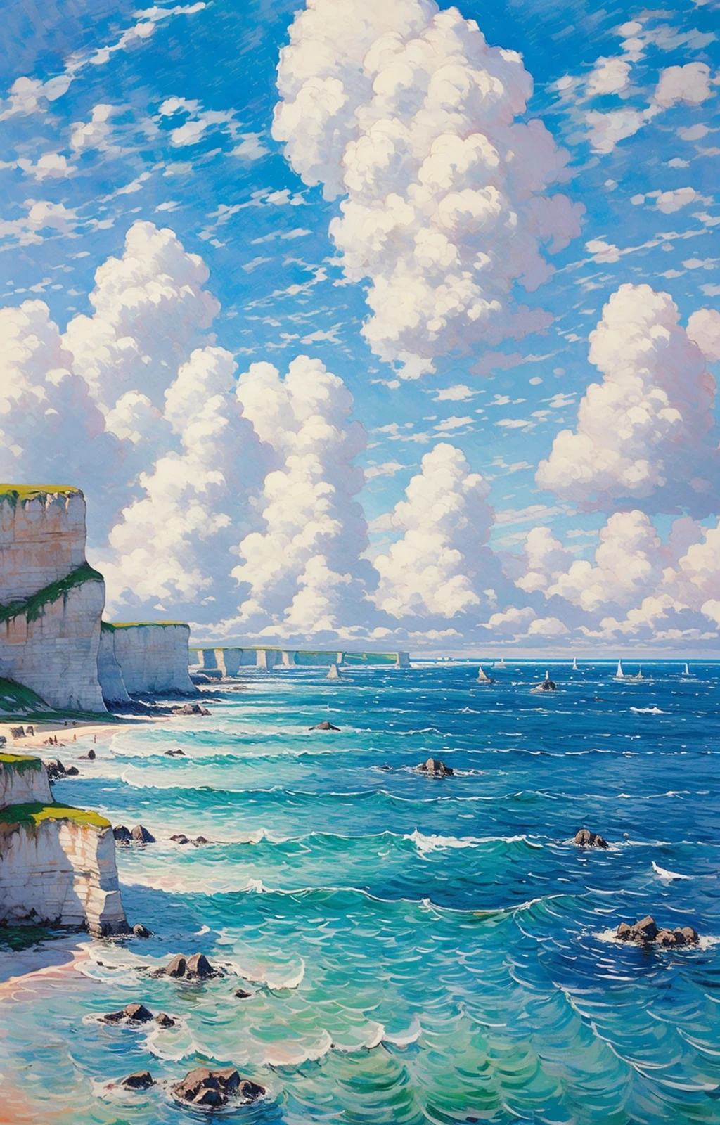 (no humans:1.8),pink cloud, sky, no humans, outdoors, scenery, cloudy sky, traditional media, horizon, blue sky, water, day, ocean, reflection, painting (medium)<lora:Oil painting stick_20230710133139:0.8>