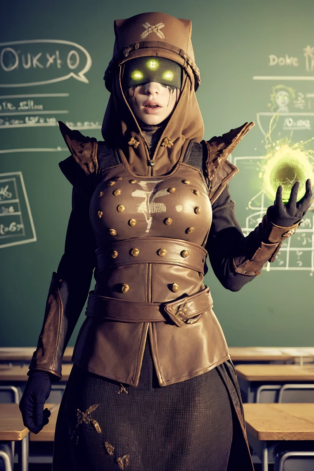 (masterpiece, best quality:1.2), <lora:eris_morn:.9>, eris morn, solo, 1girl, breasts, large breasts, glowing, glowing eyes, armor, hood up, shoulder armor, green eyes, hood, gloves, pauldrons, chalkboard, open mouth, indoors, looking at viewer, desk, cowboy shot, school desk, chalk