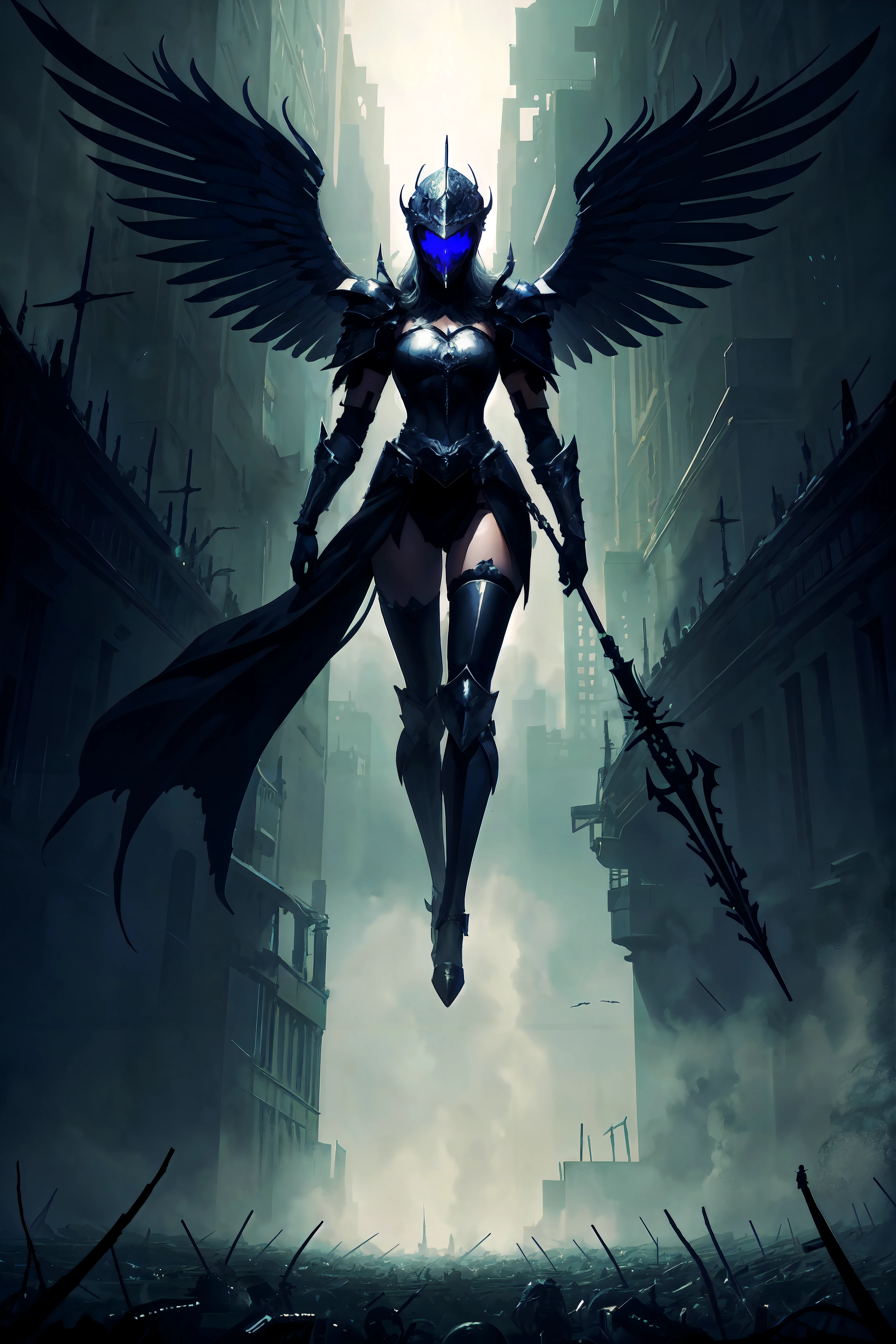 (masterpiece, top quality, best quality, official art, beautiful and aesthetic:1.2), 1girl, (fractal art:1.3), knight clad in black armor overlooking a field of corpses, black angel wings, helmet, silver hair, volumetric lighting, perfect lighting, dark art, horror, gothic, gloomy atmosphere, UHD, extreme detail