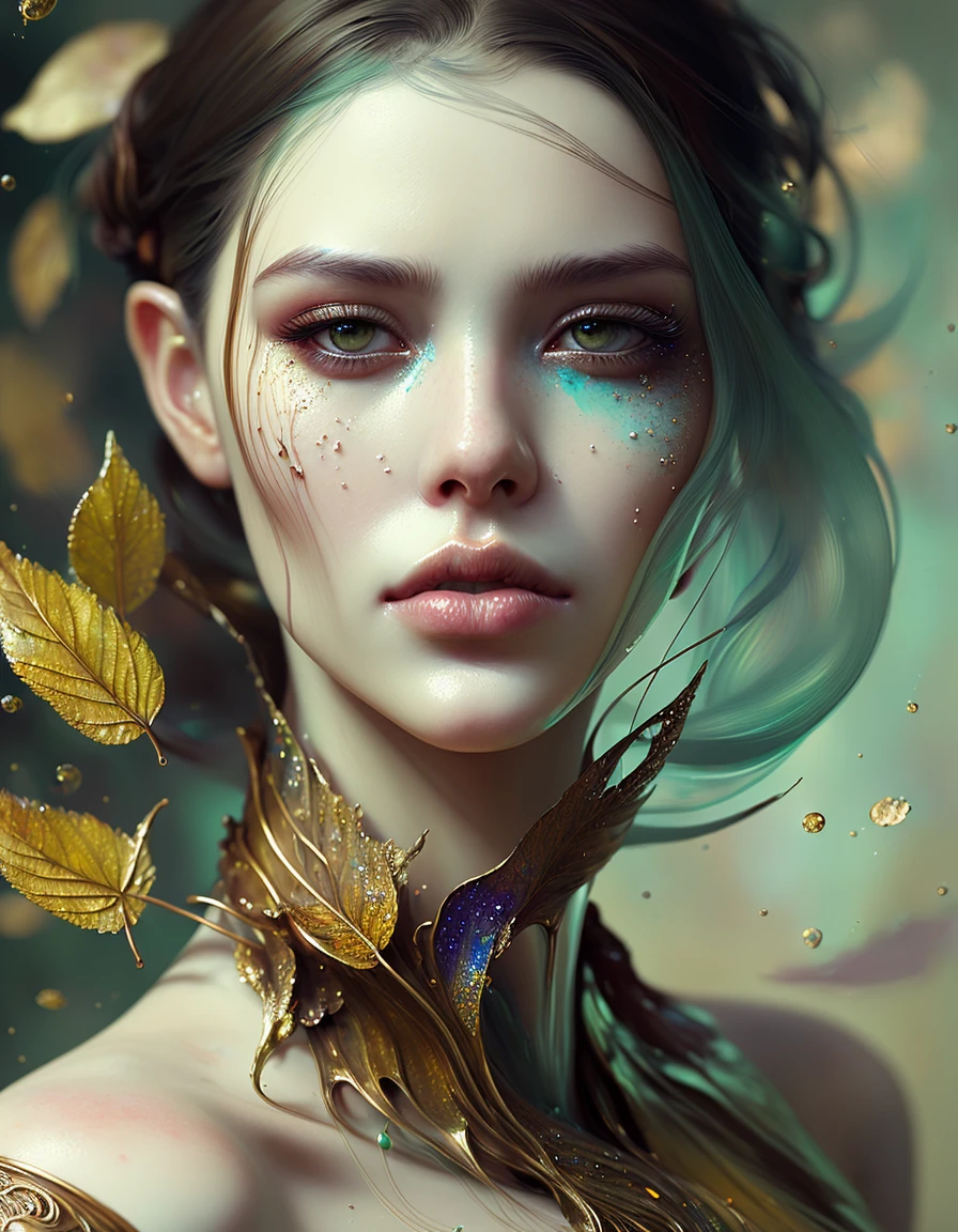 face closeup of beautiful girl in intricate detailed color smashing fluid oilpaint, 3 d render, hyper realistic detailed portrait, color leaves,melting wax,broken mirror, ruan jia, wlop. scifi, fantasy, hyper detailed, octane render, concept art, by peter mohrbacher, by wlop, by ruan jia