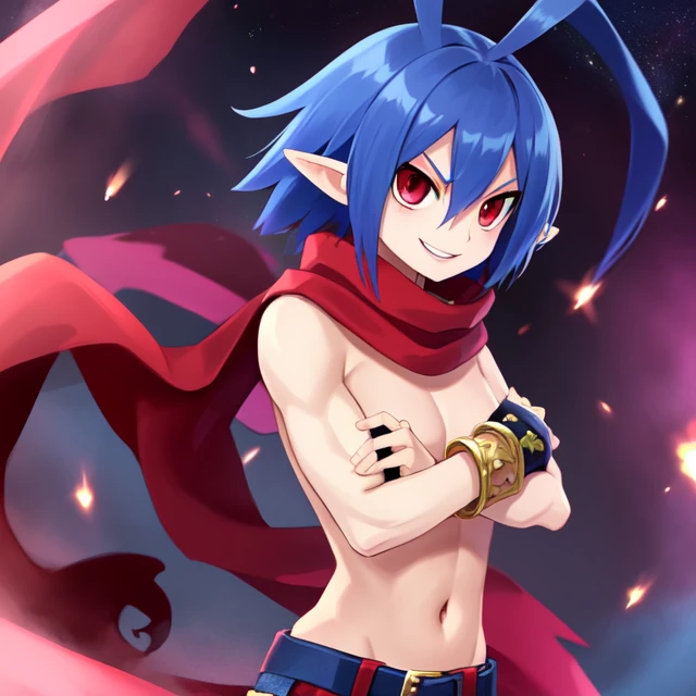 Laharl .blue antenna hair,pointy ears, red eyes,navel, shirtless, smiling, upper body, crossed arms, 
LahGear, belt , bracelets,  red jeans, red scarf,  fingerless gloves,  muscle, 
outer space,  explosions, 
 (insanely detailed, beautiful detailed face, masterpiece, best quality)    <lora:Laharl:0.7>