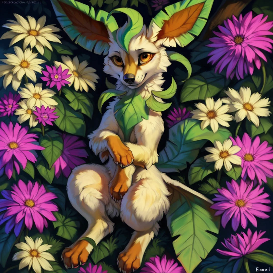 solo, leafeon, portrait, (feral), paws, looking at viewer, anatomically correct, ((symmetrical)), forest, flower,  detailed background, masterpiece, best quality, by hioshiru, snowskau, foxovh, by Enki Bilal, Michael & Inessa Garmash, Ruan Jia, Pino Daeni,
