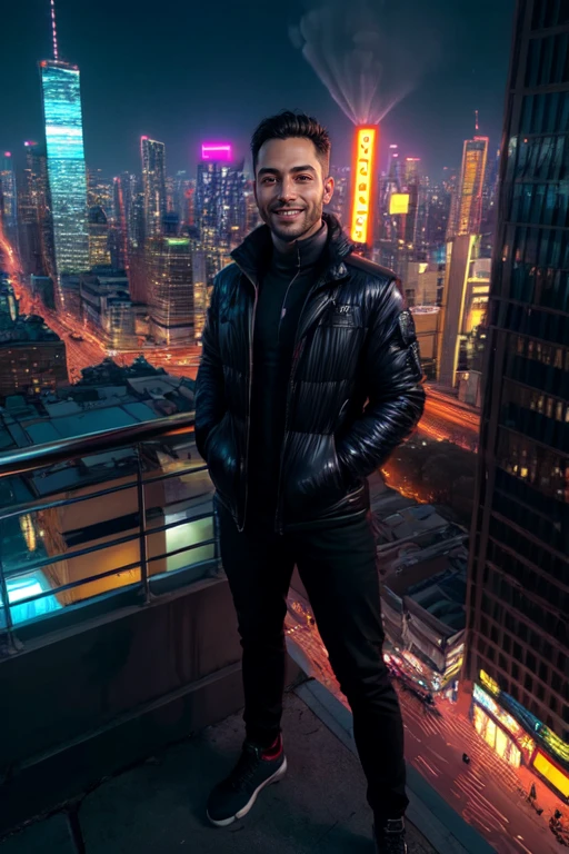 (masterpiece:1.2), (best quality), (ultra detailed), (8k, 4k, intricate),(full-body-shot:1), (highly detailed:1.2), (detailed background),detailed landscape,<lora:more_details:0.5>   <lora:style-10:0.7>neostyle, outdoors, sky, night, building, scenery, smoke, city, cityscape, skyscraper, cyberpunk, neon lights,    <lora:simonbolivar:0.7> simonbolivar,1boy ,solo,looking at viewer, smile, black hair ,((upper body))