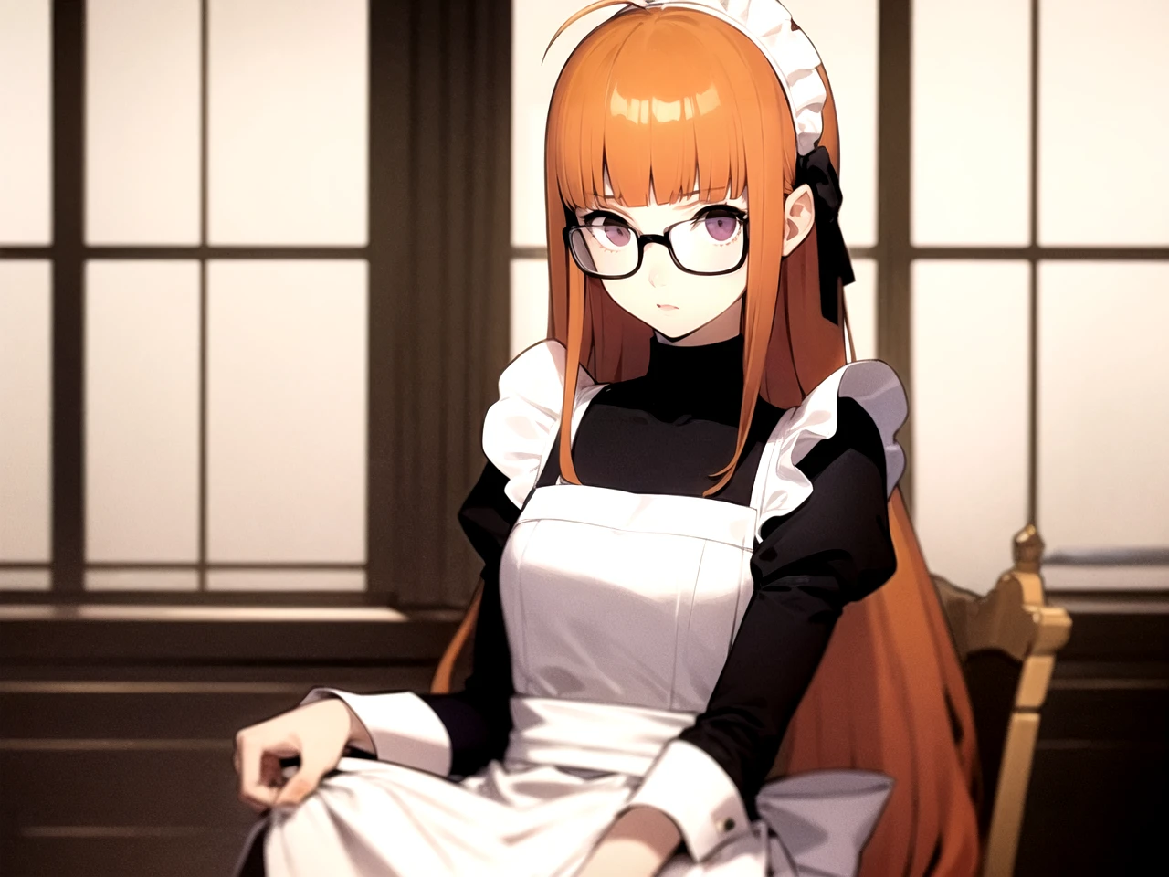 masterpiece, best quality, 1girl, solo, dsfutaba, orange hair, long hair, blunt bangs, ahoge, purple eyes, glasses, maid, maid headdress, maid apron, sitting, luxury manor, detailed background
<lora:dsfutaba-v2:1>