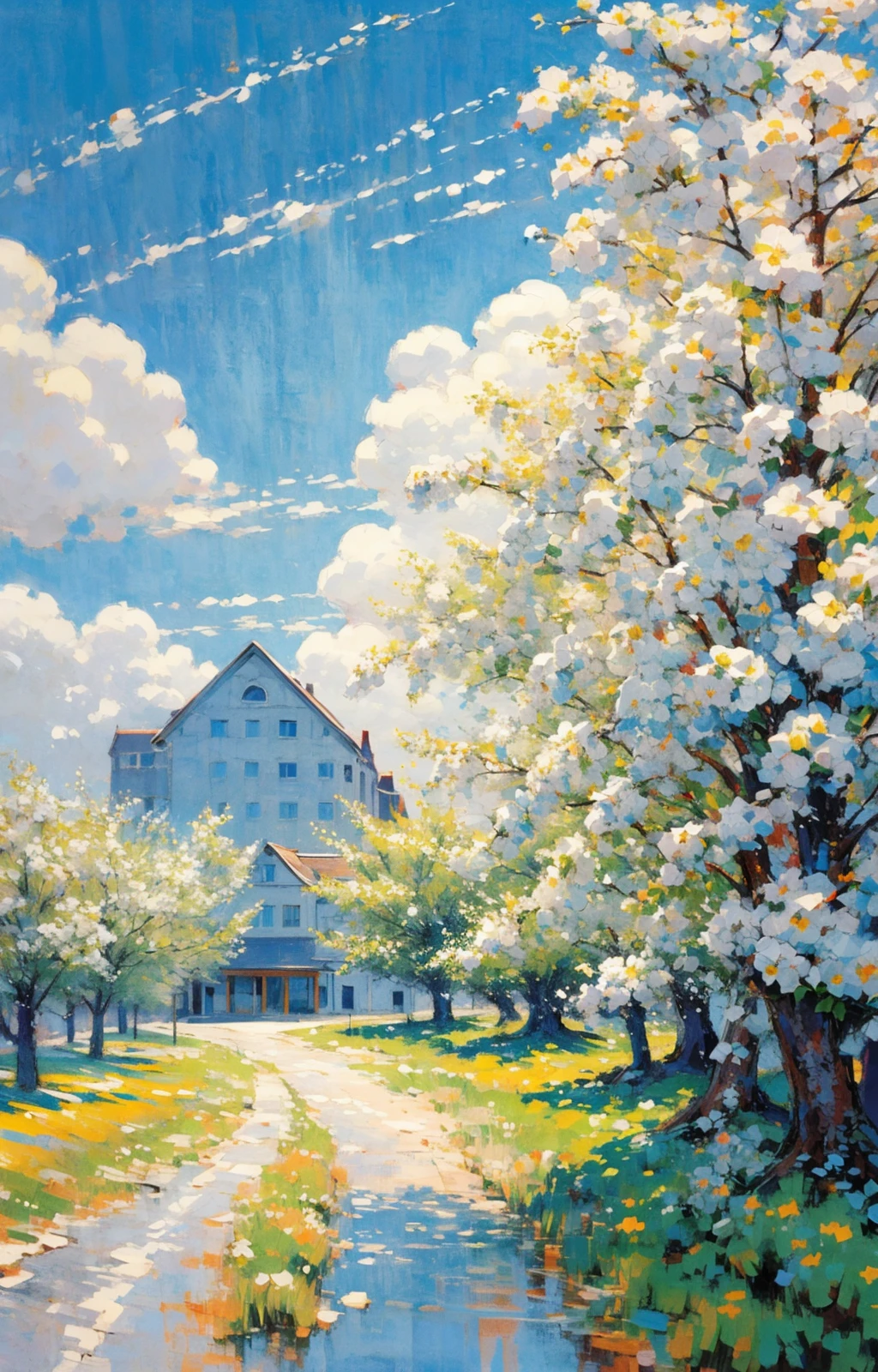 city, european architecture, outdoor, sunny day, road, white clouds, distant view, depth of field<lora:Oil painting stick_20230710133139:0.71>