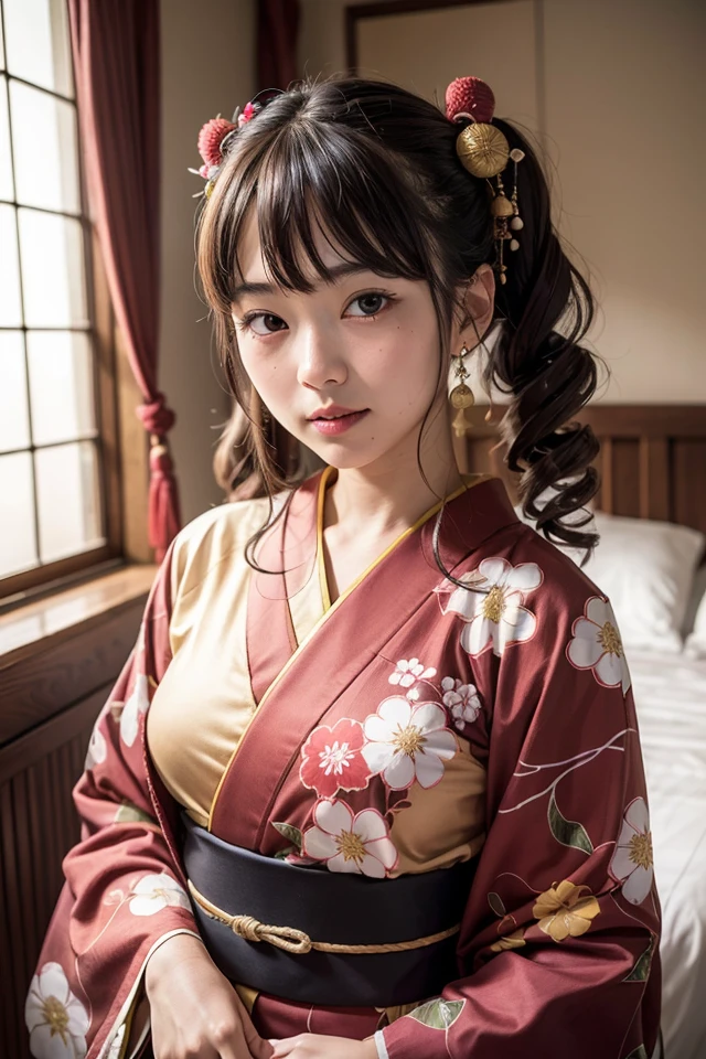 portrait of japanese girl,cute,kimono ,bedroom,brown hair,twin drills