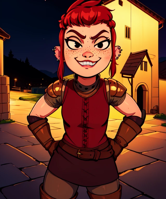 Nimona, short red hair, freckles, sidelocks,black eyes, smug expression, hand on hips,
NimSuit,ear piercing,armor,bandages,gloves ,dress,brown footwear,
nighttime, barracks,
(insanely detailed, beautiful detailed face, masterpiece, best quality) <lora:Nimona-10:0.7>