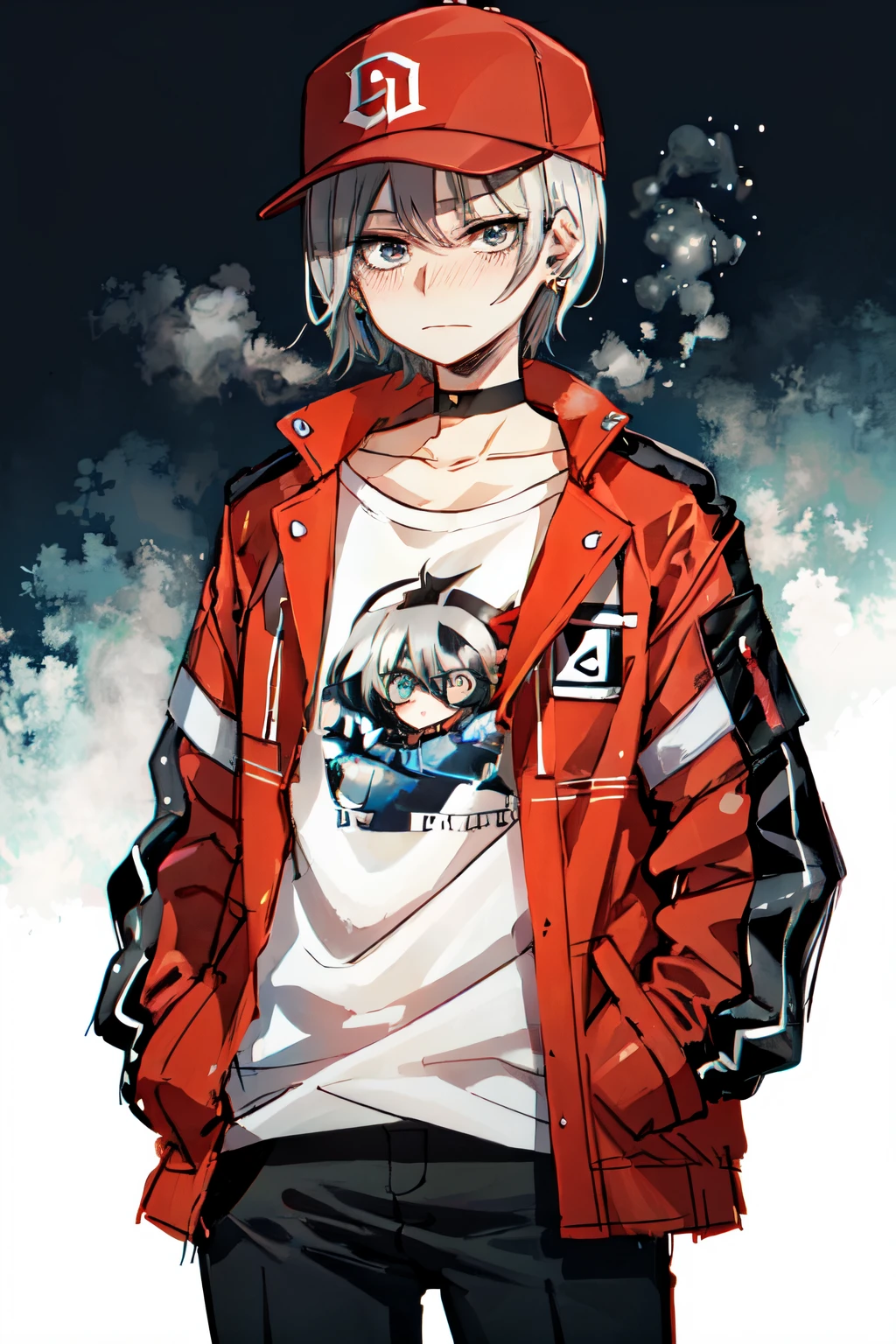 ratatatat74 style, blush,a drawing of a anime woman with gray hair and a red jacket, 1girl, solo, jewelry, hat, black hair, earrings, white background, shirt, jacket, simple background, choker, short hair, hands in pockets, baseball cap, pants, looking at viewer<lora:ratatatat74-offset:1>