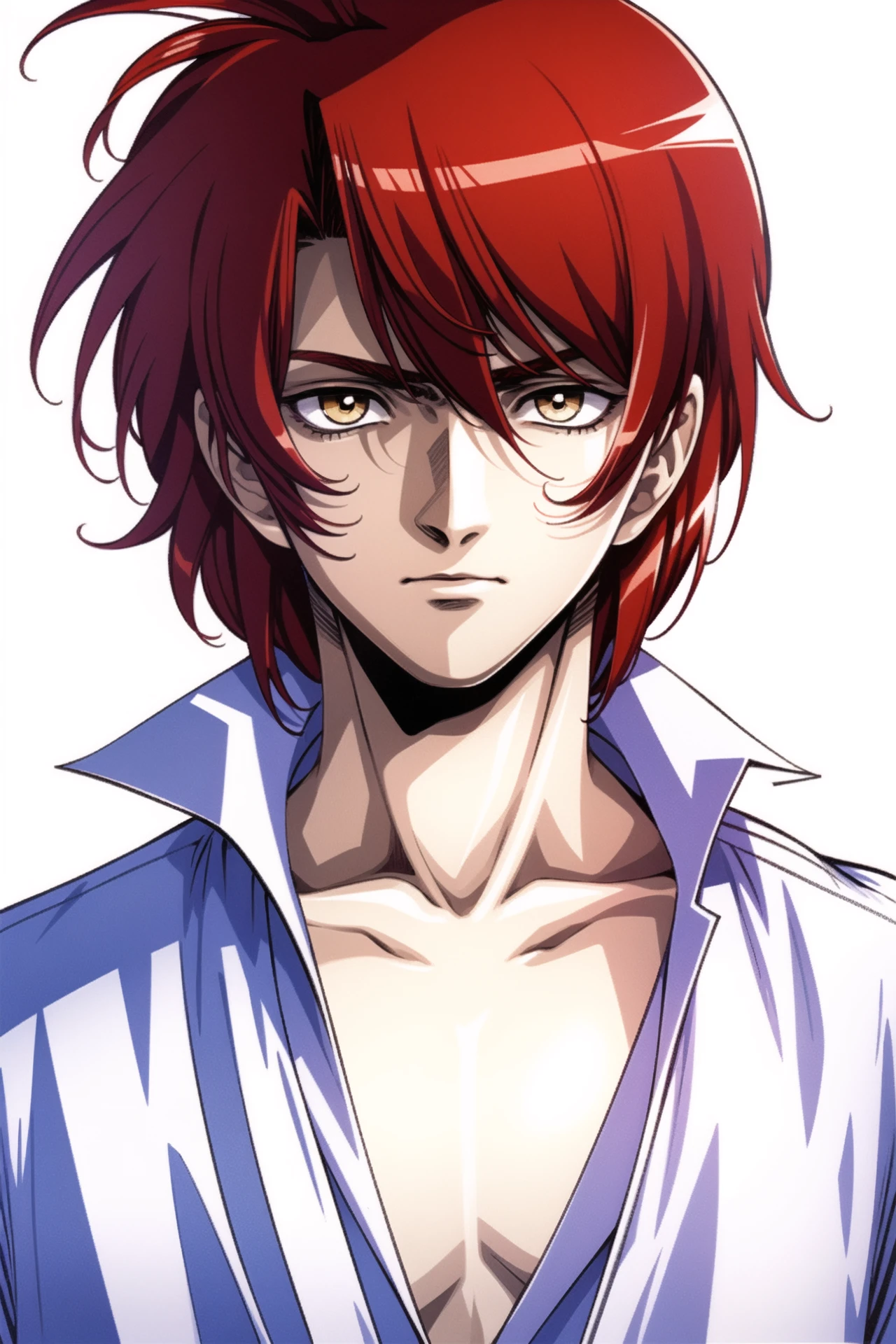<lora:qiyuanzhizhi_128:0.8>,1boy, male focus, solo, red hair, white background, looking at viewer, yellow eyes, simple background, shirt, closed mouth, collarbone, bangs, white shirt, portrait, collared shirt