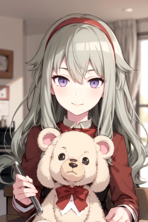 <lora:NotKyo-08:0.7> , nene, 1girl, solo, long hair, looking at viewer, smile,  long sleeves, dress, bow, ribbon, holding, hair between eyes, closed mouth, purple eyes, upper body, hairband, green hair, bowtie, red bow, stuffed toy, stuffed animal, teddy bear, holding stuffed toy