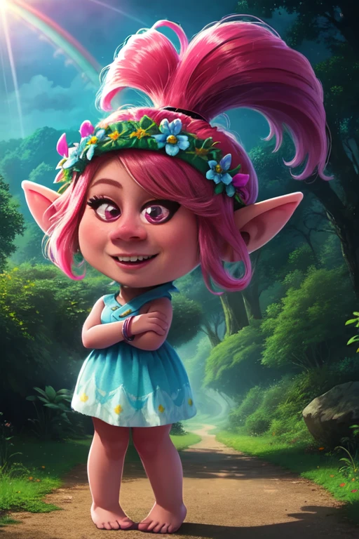 QueenPoppy,pink hair, ponytail, pink eyes,pointy ears, solo, happy, cowboy shot, standing, chibi
QPdre,bracelet,hair flower ,head wreath,dress,barefoot , crossed arms,
forest, sunshine, rainbows, mature,
(insanely detailed, beautiful detailed face, masterpiece, best quality) <lora:QueenPoppy-10:0.7>