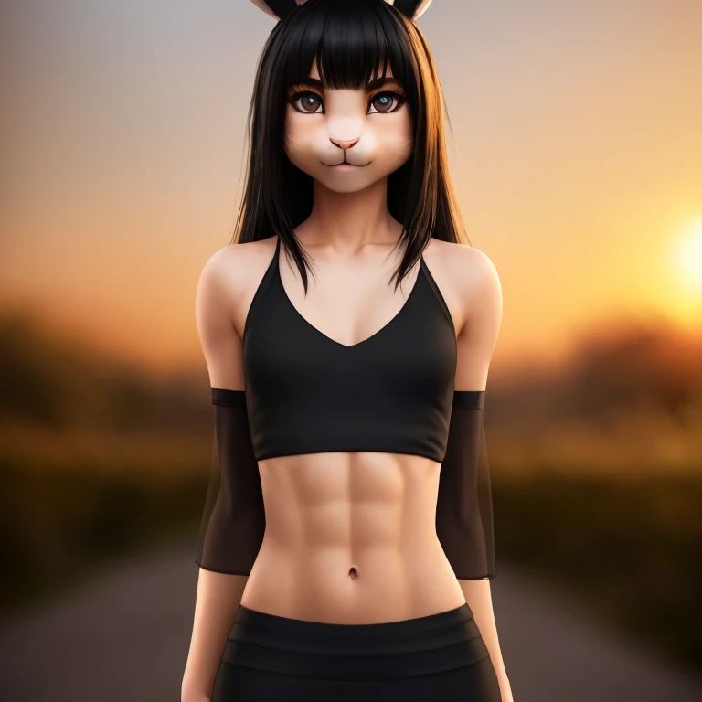 RAW, 8k, photo, realistic,photorealistic, masterpiece, highest quality, highly detailed, detailed clothes, beautiful detailed eyes, detailed face, detailed hair, detailed skin, young skinny petite (anthro (grey bunny):1.2), looking sweet, (messy long black hair), (bangs:1.2), (anthro bunny ,intricate black dress :1.3) (midriff:1.3), cleavage, (abs:0.95), small breasts, (slim waist :1.3), (golden hour portrait, bokeh), (natural light), subsurface scattering, volumetric lighting, perfect anatomy, (full body, body in view :1.5)