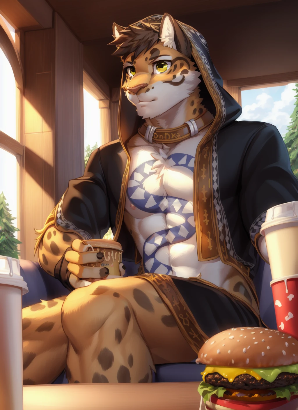 <lora:likulauV2-09:1>, likulau, solo, leopard tail, (pose:1.3), (posing:1.3), (soft shading), 4k, hi res, ((detailed face, (detailed eyes:1.0), detailed)), , by zackarry911, by zaush, (by personalami:0.5), gloves, 1boy, holding, sitting, upper body, male focus, food, solo focus, hood, fingerless gloves, cup, sparkle, holding food, hood up, disposable cup, burger, orange fur