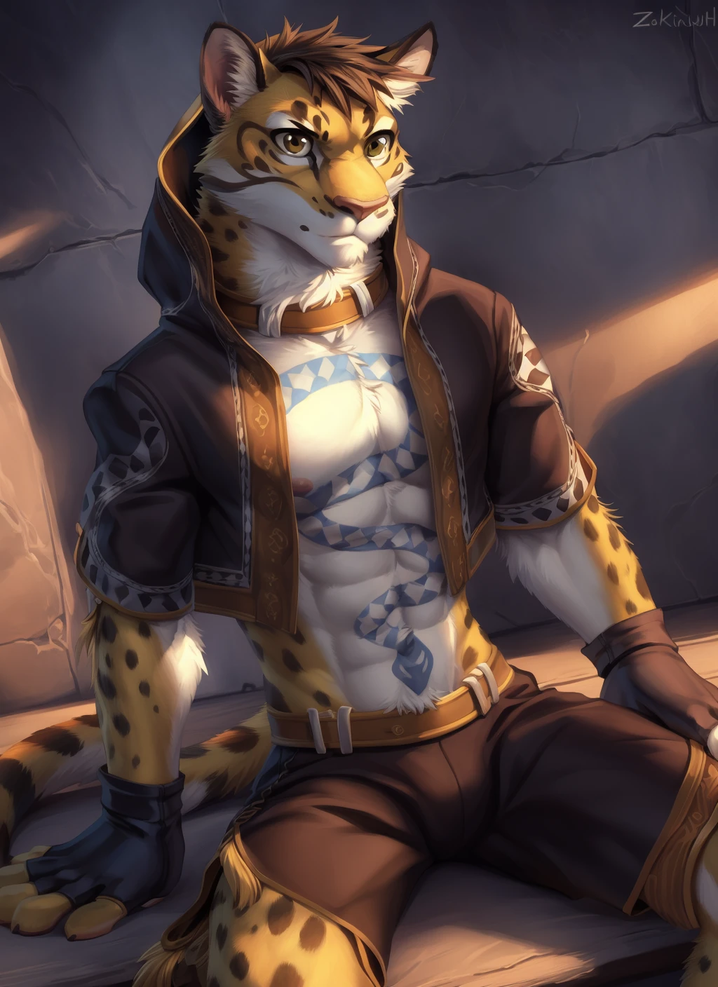 <lora:likulauV2-09:1>, likulau, solo, leopard tail, (pose:1.3), (posing:1.3), (soft shading), 4k, hi res, ((detailed face, (detailed eyes:1.0), detailed)), (full body), by zackarry911, by zaush, (by personalami:0.5), solo, gloves, 1boy, navel, sitting, nipples, jacket, male focus, thighs, open clothes, shorts, fingerless gloves, feet out of frame, abs, dog ears