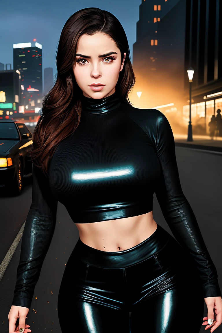 infographics photo of (dem1r0s3:0.95), a woman (as a gangster:1), (wearing turtleneck urban outfit), (long trousers), (urban park), ((GTA style:1.3)), (((comic cover font))), (((comic title:1.2))), atmospheric lighting, cinematic composition, concept art, digital illustration, detailed, art by bastien lecouffe-deharme and greg rutkowski and carne griffiths, natural light, 4K, highly detailed, cel shading, ((rotoscoping)), ((perfect eyes)), (detailed pupils), (((credits))), (((comic issue))), (Grand Theft Auto), (GTA style comic:1.2), large breasts