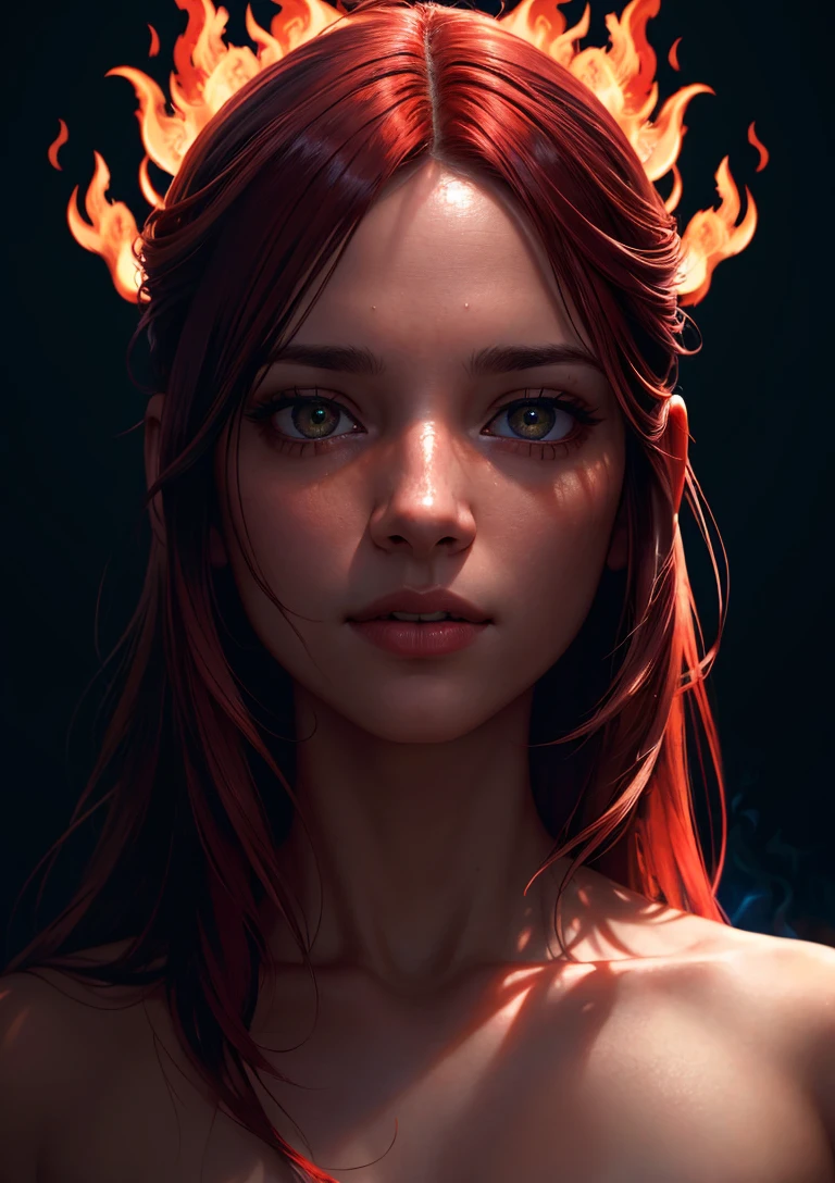 analog style, model shoot style, photo ((close portrait:1.4)) of a girl, (1girl, young girl), (red hair:1.5, long hair), ((hair in fire:1.5)), nude, smile, (shiny body),
((pretty face: 1.7, perfect face:1.5)), (best quality:1.5, hyperrealistic:1.5, photorealistic:1.4, Madly detailed CG unity 8k wallpaper:1.5,
masterpiece:1.3, Madly detailed photo:1.2), (hyper-realistic lifelike texture:1.4, realistic eyes:1.2), (octane render, unreal engine 5),
(ecstasy of light and shadow:1.5, deep shadow:1.5), (sony a7, 50 mm, film grain:1.5, 4K UHD HDR),
(photo by lee jeffries, Greg Rutkowski and Magali Villanueva)