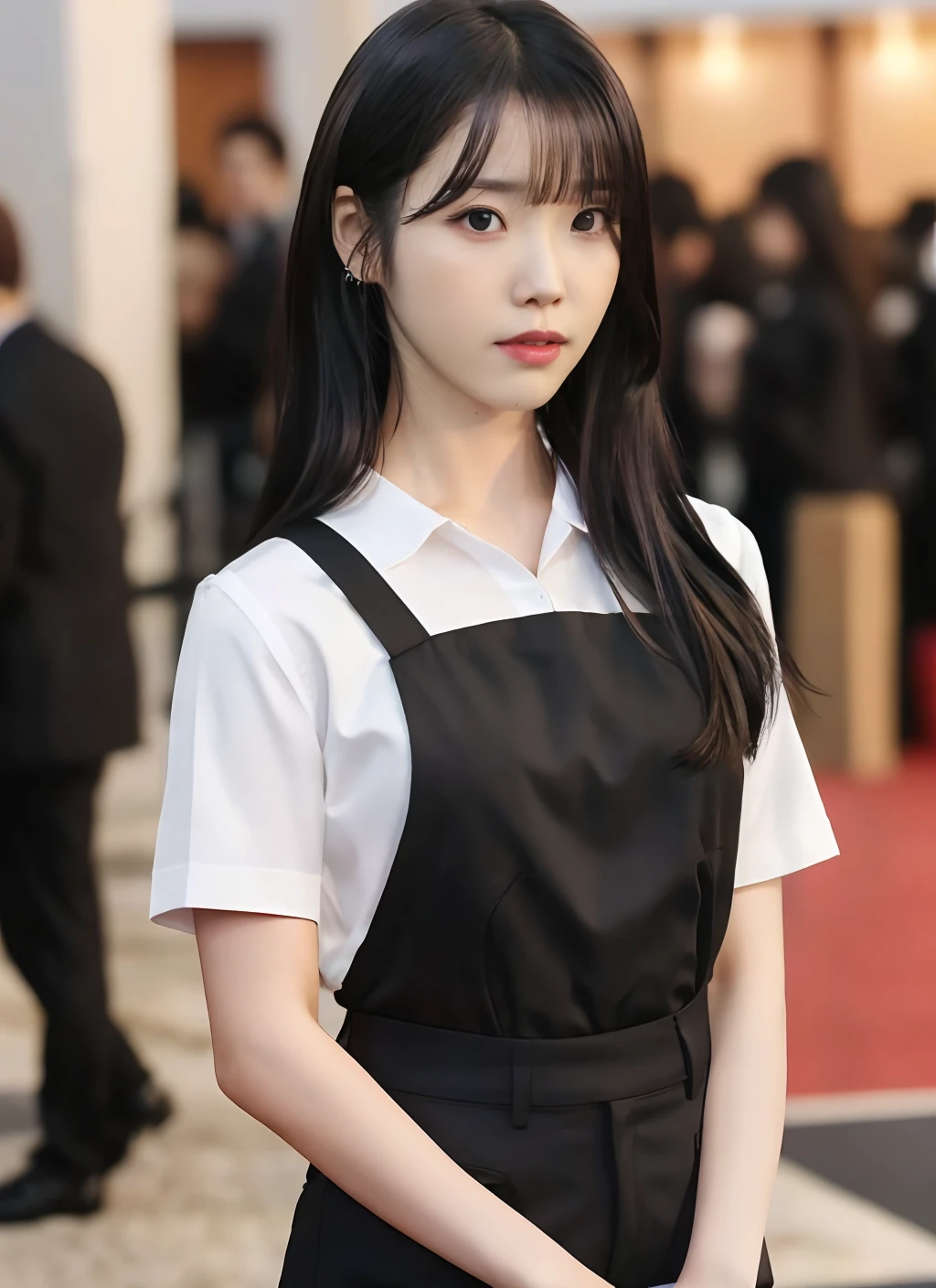 best quality, IU, Lee Ji Eun, 1girl, solo, long hair, looking at viewer,  shirt, black hair,   white shirt,  closed mouth , blurry background,  black eyes, lips,   <lora:IU_v4:0.7>