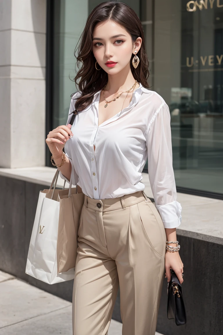 Cowboy Shot,<lyco:GoodHands-beta2:0.5>,high quality, masterpiece, (realistic, photo-realistic:1.2) ,high definition, ultra detailed, raw photo,1girl, young, mature female, mature face, looking at viewer, makeup, red lips, standing, dynamic pose, from front, (trendy hairstyles, hair accessories, earrings, necklaces, bracelets, ), holding an LV bag, dressed as the CEO of a world-renowned multinational company, trendy translucent white shirt, khaki trousers, high heels, bag in hand,