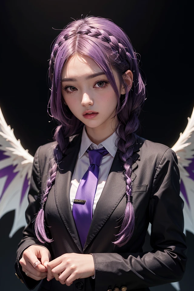 a girl in black suit and purple tie and purple hair,twin braids,deamon wings,upper body,