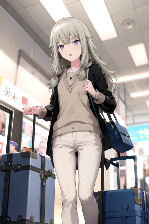 <lora:NotKyo-08:0.7> , nene, long hair, 1girl, jacket,purple eyes,pantyhose, green hair, shorts, indoors, bag, sweater, fur trim, shaded face, blue shorts, handbag, shoulder bag,suitcase, luggage, rolling suitcase