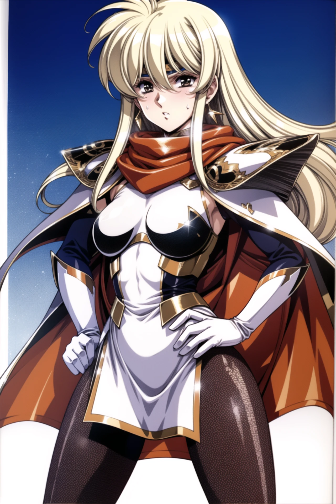 <lora:qiyuanzhizhi_128:0.8>,1girl, solo, long hair, blonde hair, hand on hip, armor, very long hair, gloves, pantyhose, headband, cape, shoulder armor, long sleeves, looking at viewer, sweatdrop, jewelry, earrings, shiny, cowboy shot, shiny clothes, standing, bangs, grey eyes, dress