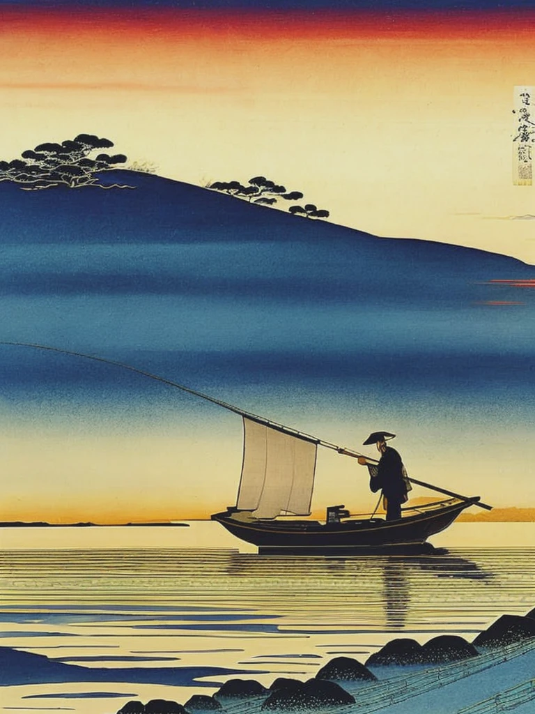 <lyco:Ukiyo-eArt:1.0> Ukiyo-e art, a fisherman casting his net at dawn, 4k,