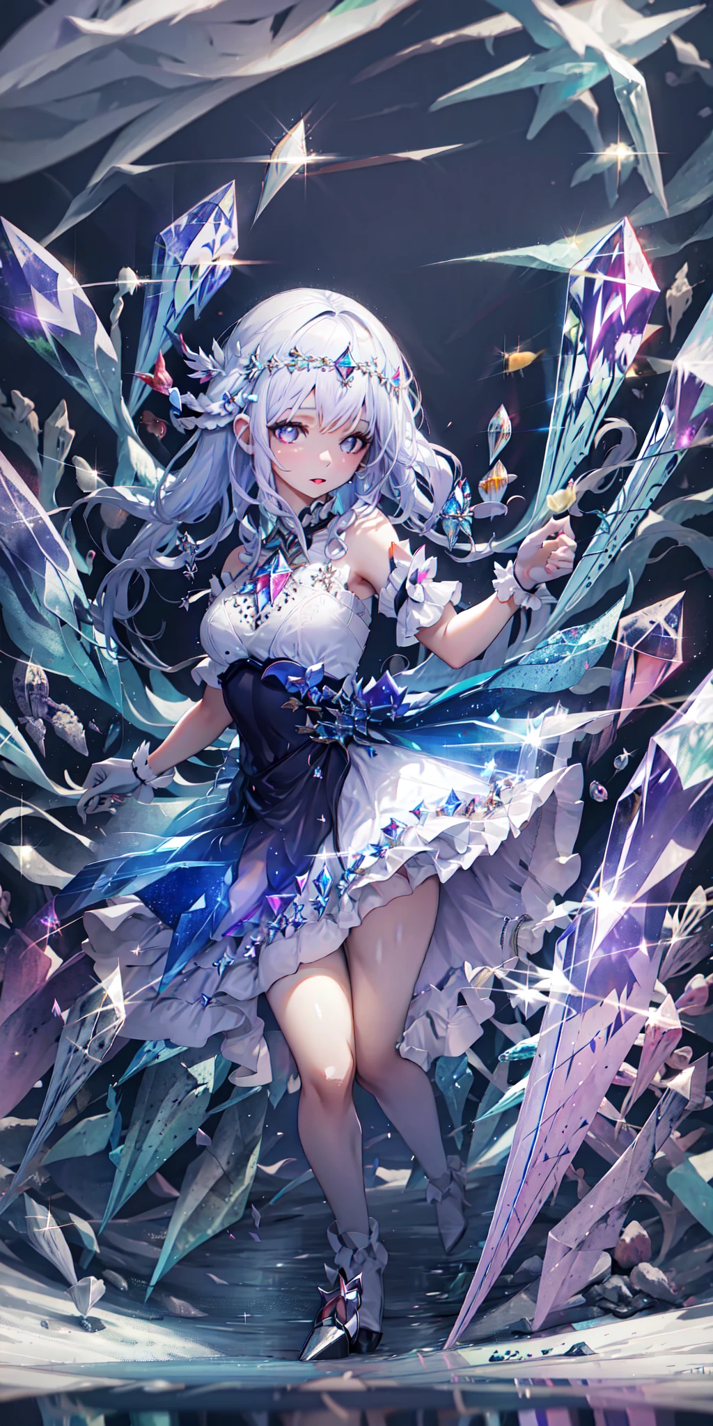 1girl、Star Fairy、Star incarnation、Character design front view、A picture facing the viewer、Cute original black and magenta clothes、(((Super detailed、Highest quality、Masterpiece)))、Original cute hairstyle、Milky white and blue hair color、Simple Green Background、vtuber-fullbody,