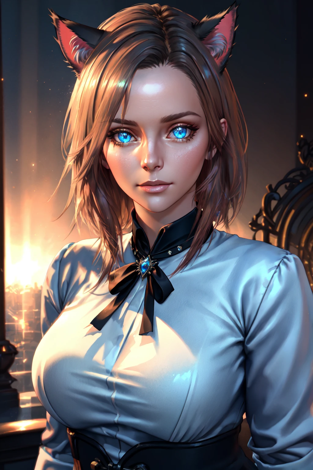 Kitch, sparkling blue eyes, Voluptuous, large breasts, formal blouse, ProfessionalDetail <lora:Kitch_Full:0.4> AmericanHeritage-Pos DSLRQuality-Realism, Miqo'te, cat ears, animal ears,