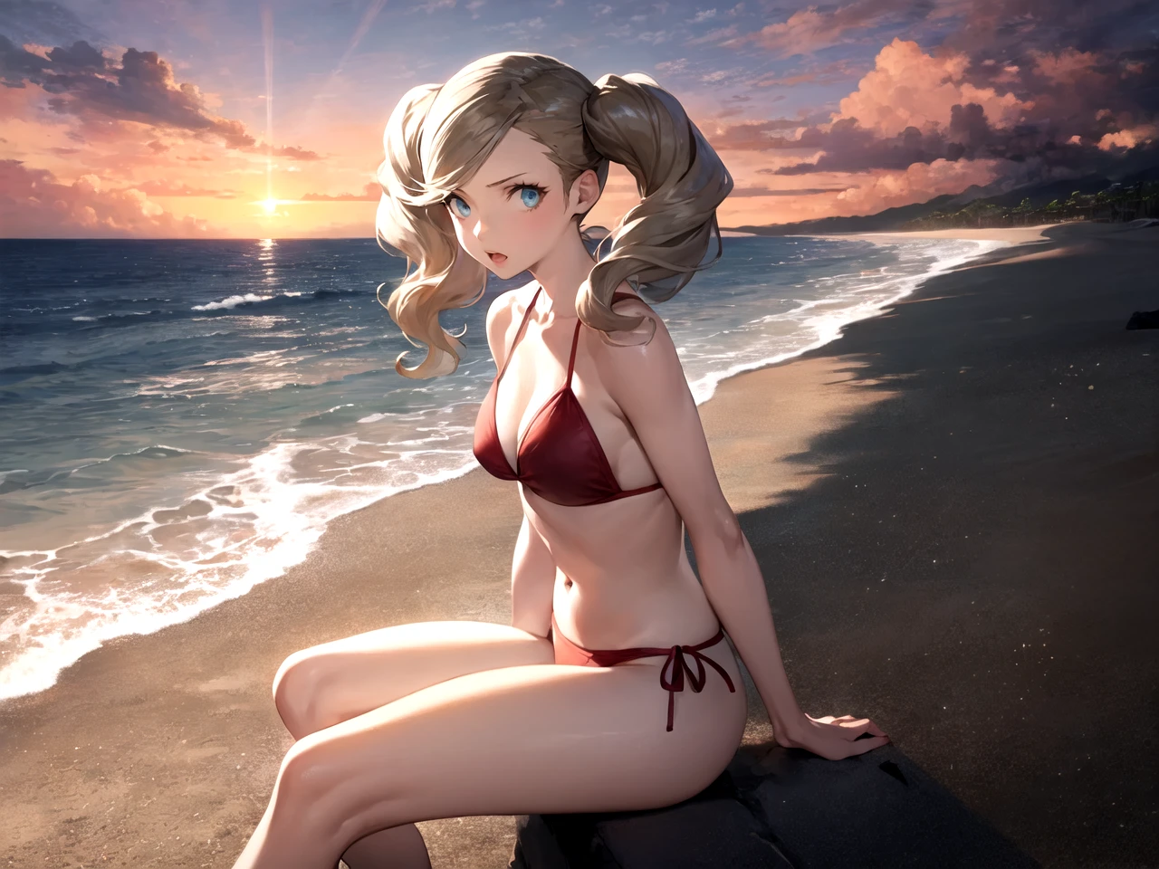 masterpiece, best quality, 1girl, solo, dsann, blonde hair, long hair, twintails, swept bangs, blue eyes, bikini, sitting, beach, sunset, cloud, lens flare, detailed background
<lora:dsann-v2:1>