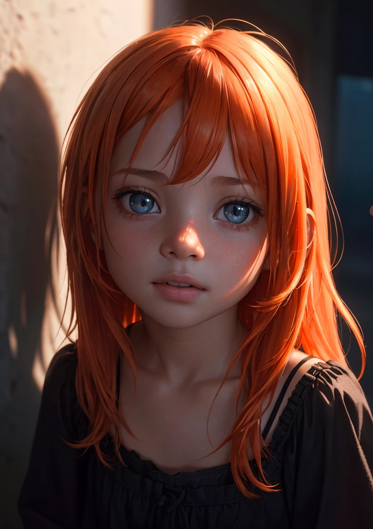 analog style, model shoot style, (upper body) photo of a ((little girl:1.6)), (1girl, young girl, small body), (orange hair, long hair:1.3), (black dress),
((pretty face: 1.7, perfect face:1.5)), (best quality:1.5, hyperrealistic:1.5, photorealistic:1.4, Madly detailed CG unity 8k wallpaper:1.5, masterpiece:1.3, Madly detailed photo:1.2),
(hyper-realistic lifelike texture:1.4, realistic eyes:1.2), (octane render, unreal engine 5), (ecstasy of light and shadow:1.5, deep shadow:1.5),
(sony a7, 50 mm, film grain:1.5, 4K UHD HDR), (photo by lee jeffries, Greg Rutkowski and Magali Villanueva)