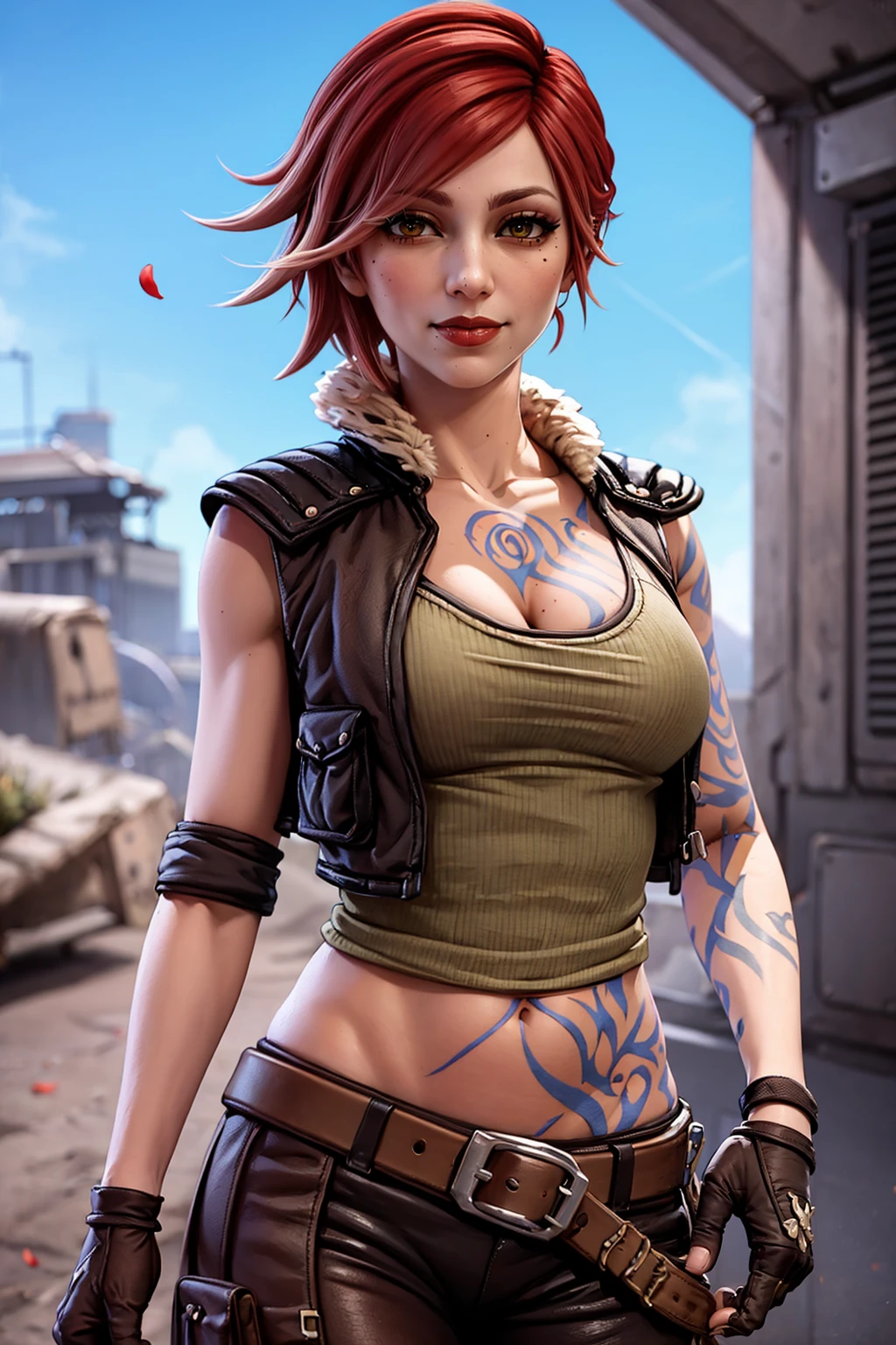 (masterpiece, best quality:1.2), <lora:lilith_(borderlands):.9>, lilith (borderlands), 1girl, breasts, cleavage, solo, cropped jacket, gloves, tattoo, navel, breast tattoo, fingerless gloves, red hair, pants, yellow eyes, makeup, jacket, lipstick, large breasts, mole, midriff, belt, short hair, red lips, mole under mouth, stomach tattoo, fur trim, collarbone, lips, open jacket, parted lips, arm tattoo, mole above mouth, brown jacket, crop top, black gloves, open clothes, nose, brown pants, stomach, fur-trimmed jacket, buckle, cropped vest, belt buckle, bangs, mascara, hand up, chest tattoo, eyeliner, petals, flower, bird, smile, architecture, outdoors