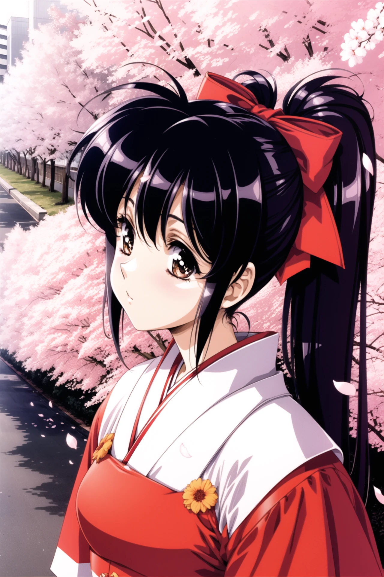 <lora:qiyuanzhizhi_128:0.8>,1girl, solo, bow,long hair, red bow, japanese clothes, ponytail, hair bow, brown eyes, black hair, blue hair, cherry blossoms