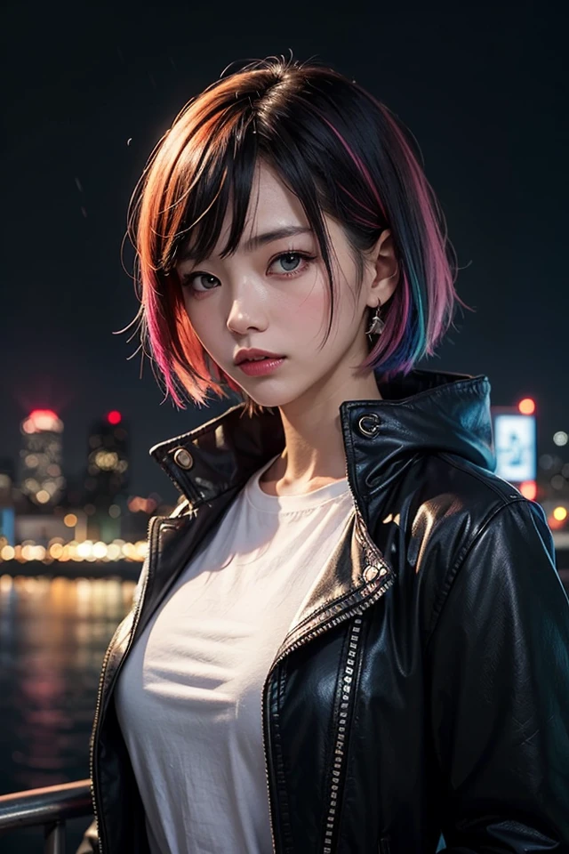 Korean 1girl, solo focus, tall female, short hair, multicolored hair, green eyes, jewel like eyes, medium breasts, black coat, white shirt, accessories, city background, futuristic city, night, rain, moody
