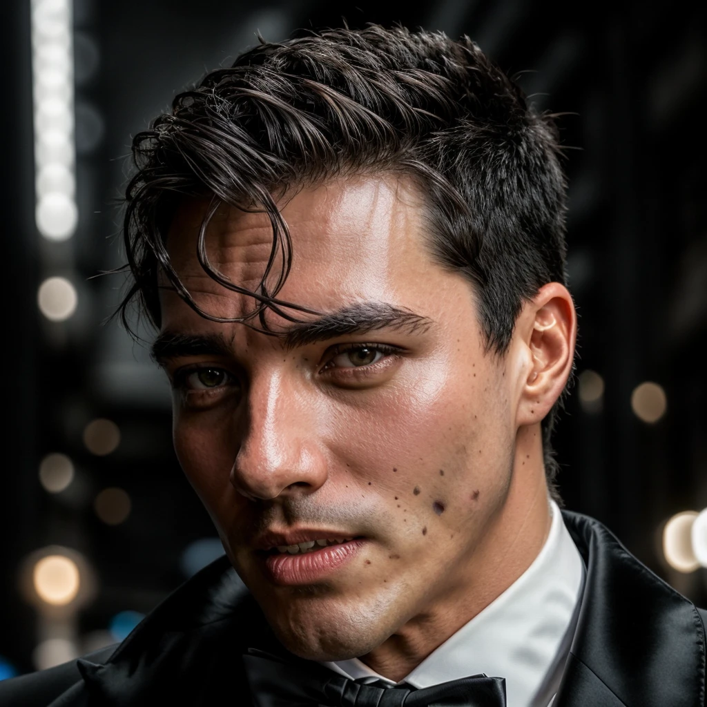 portrait of rodrigoromeh person using a tuxedo, in blade runner, professional photography, high resolution, 4k, detailed photo, <lora:rodrigoromeh_18600:1>