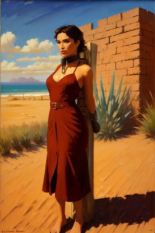 standing by wooden pole,iron collar, sand dunes in the background,full body shot woman, wearing summer dress, Audrey Pratt, < <lora:BondagePoleV1:1> a roman arched red tile roof in the background, bright sunlight,dark shadows,contrast,moody orange tones, gritty,cactus,(cel shaded:1.2), 2d, (oil painting:1.2), Style by Greg Manchess, Nicolas de Crecy, Brent Heighton , <lora:epiNoiseoffset_v2:1> , trending on Artstation