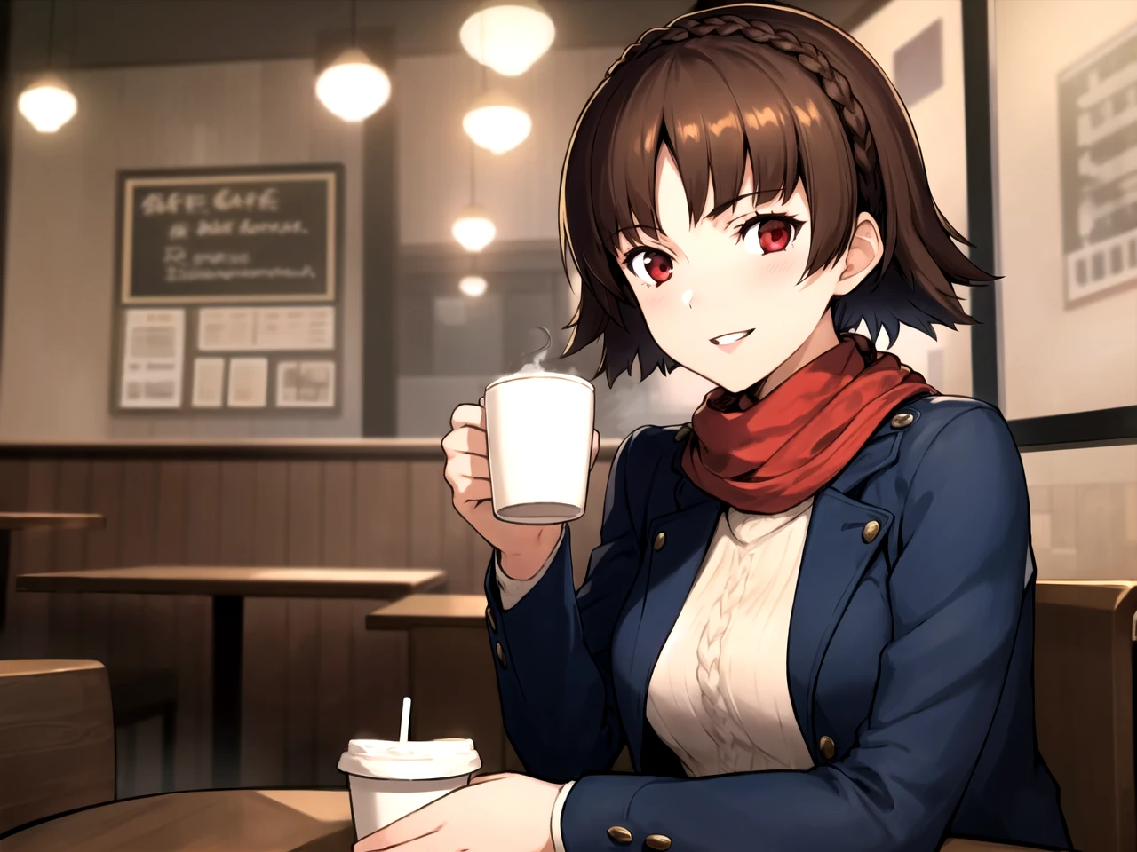 masterpiece, best quality, 1girl, solo, dsmakoto, 1girl, brown hair, short hair, crown braid, red eyes, jacket, scarf, turtleneck, smiling, parted lips, sitting in a booth, holding coffee cup on table, cafe interior, detailed background
 <lora:dsmakoto-v2:1>