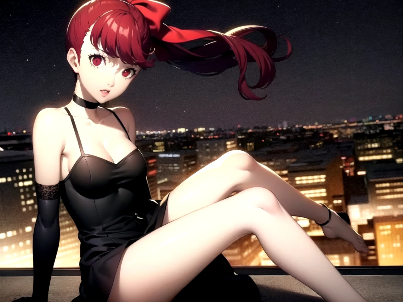 masterpiece, best quality, 1girl, solo, dskasumi, red hair, long hair, ponytail, red eyes, hair bow, black frilled dress, choker, bare legs, city street, night sky, detailed background, soejima shigenori
 <lora:dskasumi-v2:1> <lyco:p5-anime_style_lc:0.65>