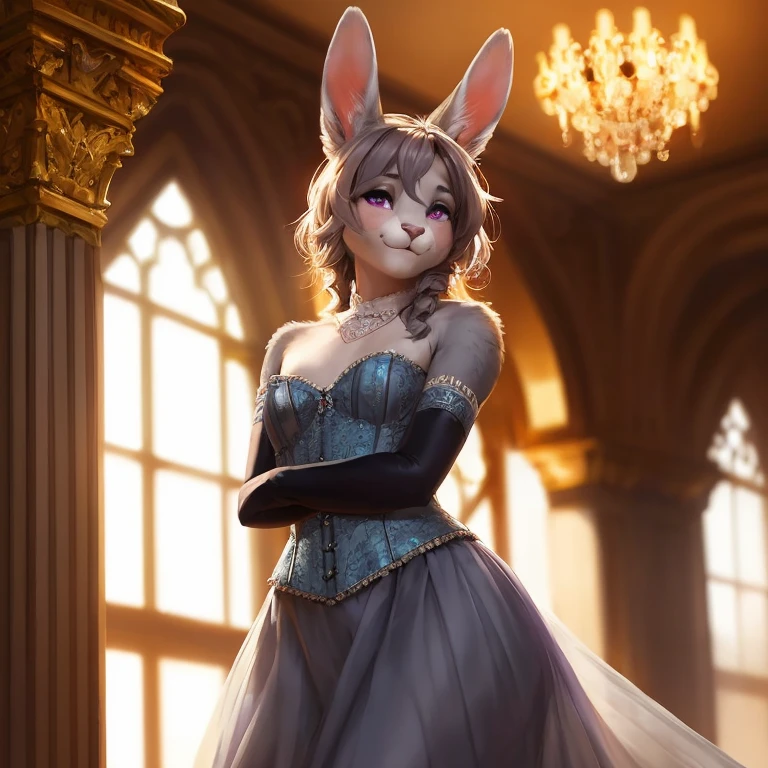 RAW, 8k, photo, realistic,photorealistic,(((hyperrealisitic))), nsfw, Ultra realistic, masterpiece, highest quality, ultra detail,adorable, (detailed and intricate), (fluffy grey fur:1.3), attached rabbit tail, (hair),(perky small breasts), (grey furry body:1.3),detailed face, detailed light purple eyes, detailed eyes, (detailed eyes:1.1), (grey petite anthro bunny:1.2), wide hips, (furry:1.3), aroused, happy, embarrassed, (blush), updo, (intricate detailed fluffy ball gown), detailed corset, (sheer elbow gloves), (long detailed frilly fluffy skirt), smooth,intricate detail, gorgeous female photo, professionally retouched, realistic professionally color graded photograph, natural lighting, realistic, light particles,fine fabric emphasis, bokeh, suggestive pose,by Pino Daeni, by Ruan Jia, by Shiitakemeshi, by Alayna Lemmer, by Carlo Galli Bibiena, (fine fabric emphasis:1.1) ,large open Victorian ballroom, ornate chandeliers
