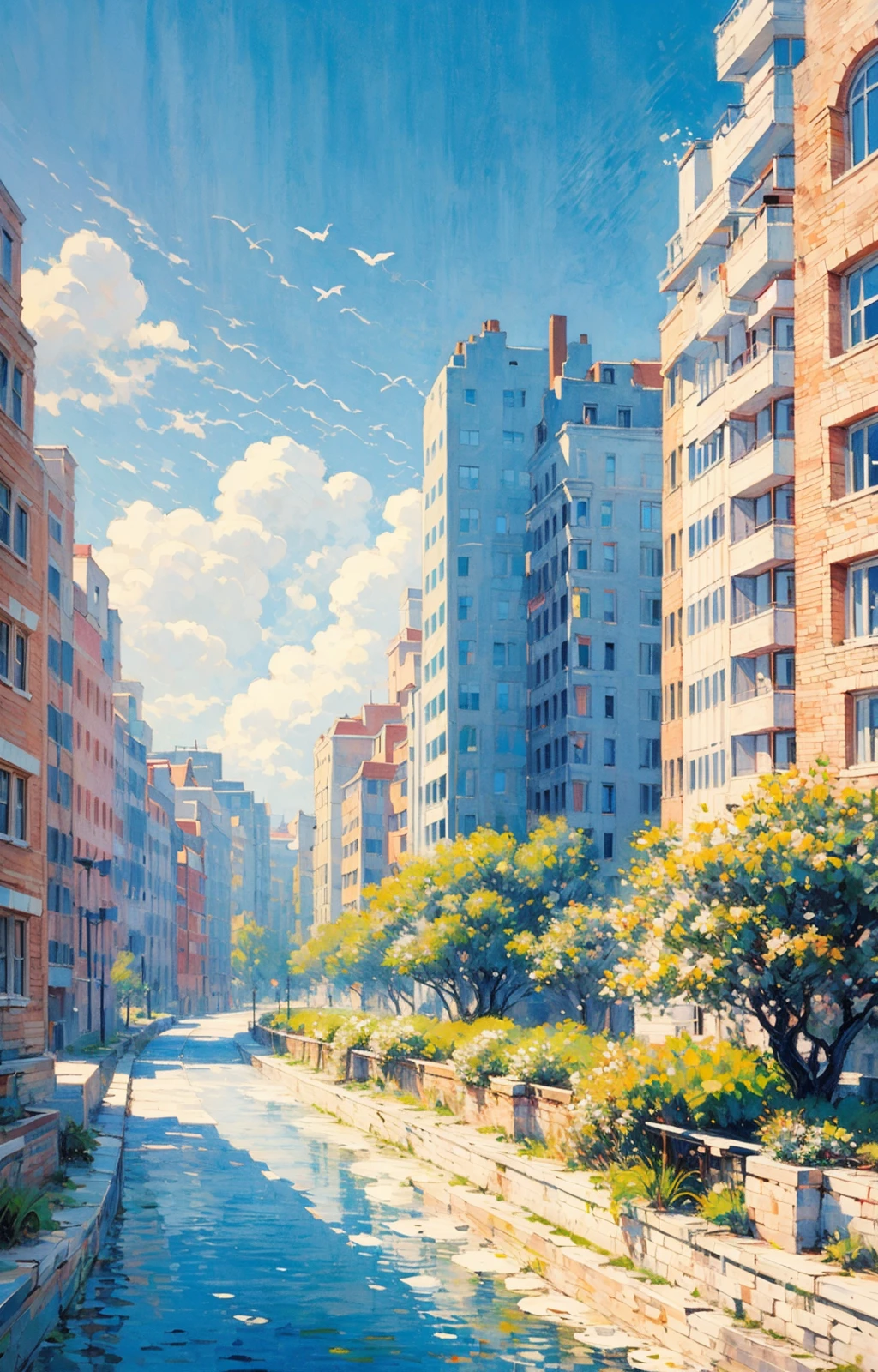 city, european architecture, outdoor, sunny day, road, white clouds, distant view, depth of field<lora:Oil painting stick_20230710133139:0.71>