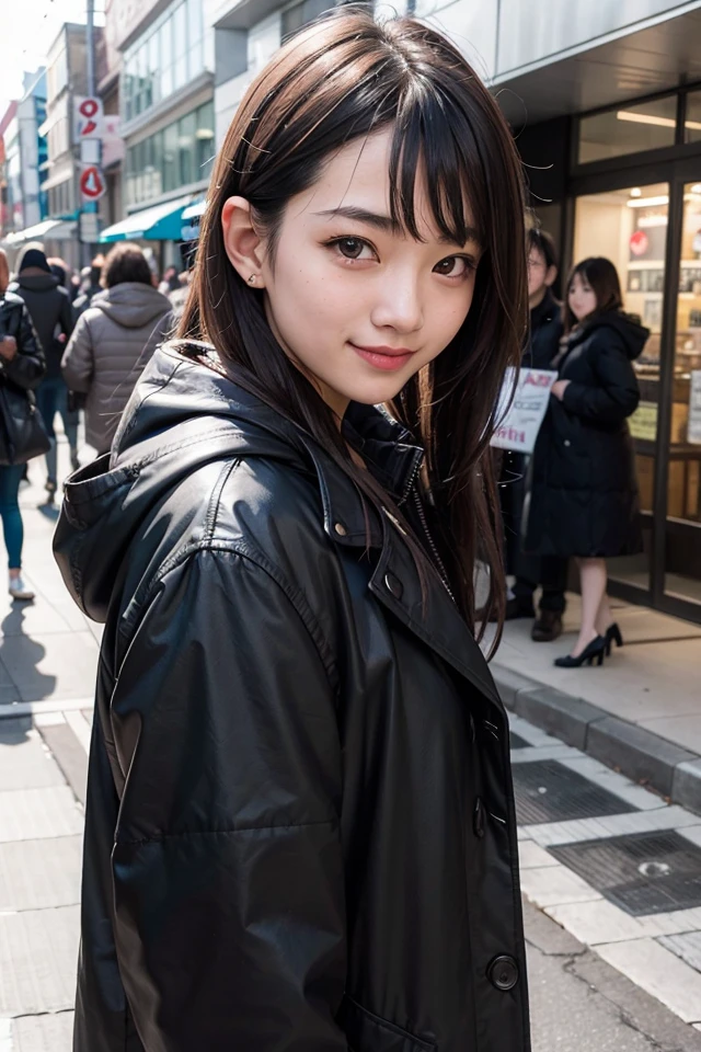 1girl,japanese, outdoors, street, evil smile, looking at viewer, closed mouth,black coat,