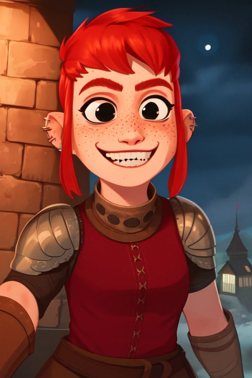 Nimona, short red hair,  freckles, sidelocks,black eyes,  upper body, smiling, 
NimSuit,ear piercing,armor,bandages,gloves ,dress,brown footwear,
nighttime,  barracks, 
 (insanely detailed, beautiful detailed face, masterpiece, best quality)    <lora:Nimona-10:0.7>