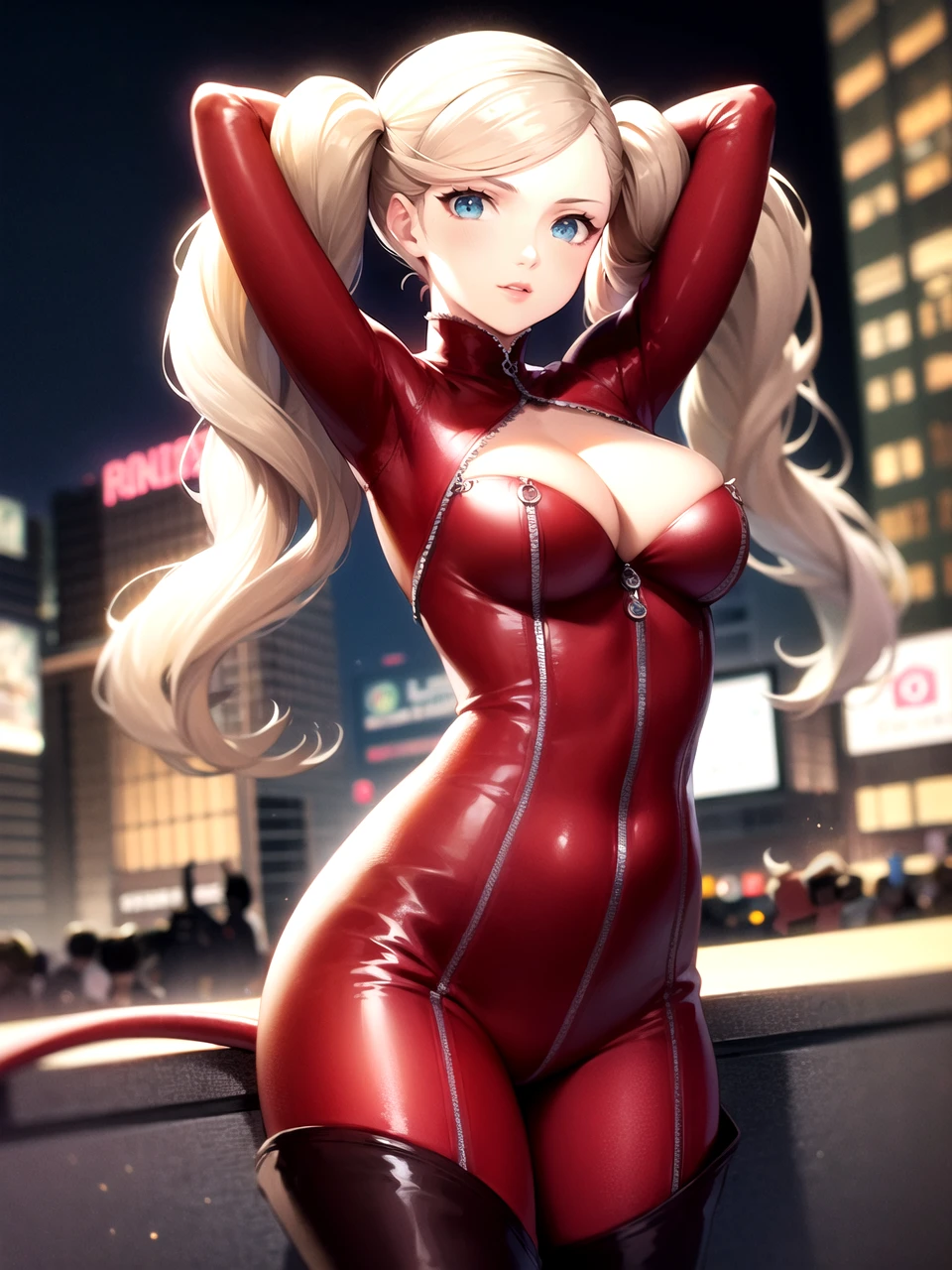 masterpiece, best quality, 1girl, solo, dspanther, blonde hair, long hair, twintails, swept bangs, blue eyes, bodysuit, thigh boots, pink gloves, zipper, cleavage, clothing cutout, fake tail, arms behind head, futuristic city, neon lights, night, detailed background
<lora:dsann-v2:1>