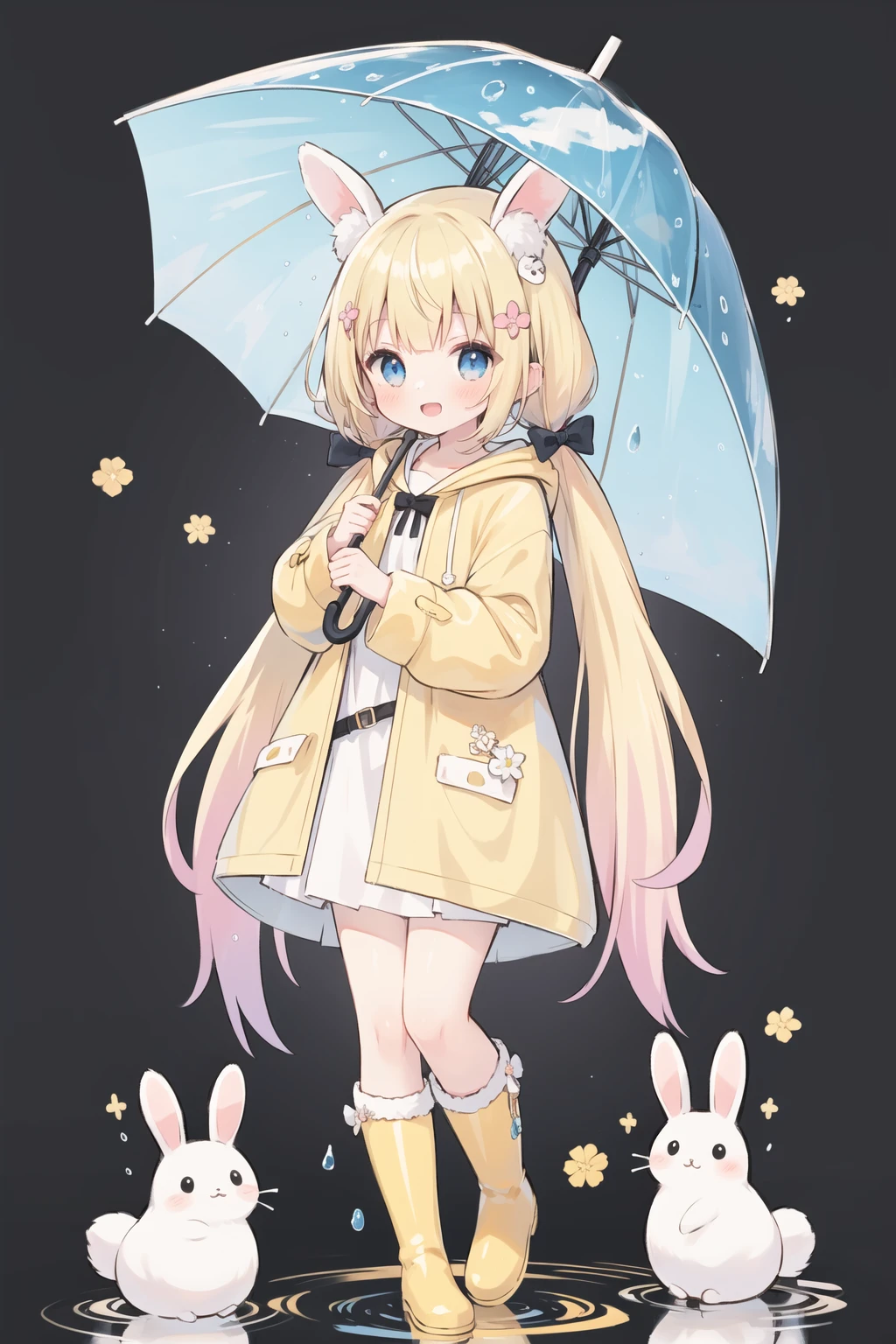 1girl,rainbow,raincoat,yellow raincoat,rubber boots,hydrangea,flower,long hair,twintails,boots,blush,umbrella,open mouth,hair ornament,white background,hood,solo,teruterubouzu,very long hair,hood up,long sleeves,low twintails,bow,bangs,smile,animal hood,blue eyes,rabbit,closed umbrella,puddle,full body,:d,snail,yellow footwear,simple background,pink flower,standing,leaf umbrella,holding umbrella,food-themed hair ornament,hair bow,animal ears,holding,blonde hair,hair flower,rain,animal,