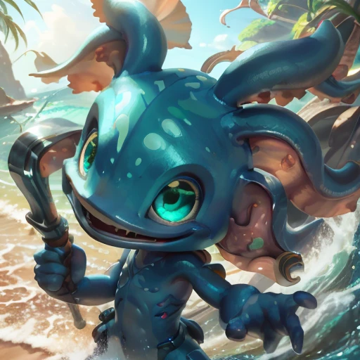 ((masterpiece, best quality)), highres, beach, sunlight, digital art, close-up portrait of Fizz \(League of Legends\), smile, solo, male <lora:Fizz League of Legends LoRA:0.7>