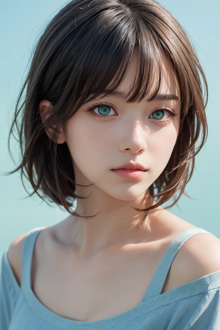 MEDIUM SHOT,<lyco:GoodHands-beta2:0.5>,high quality, masterpiece, (realistic, photo-realistic:1.2) ,high definition, ultra detailed, raw photo,depth of field, 1girl, green eyes, medium hair, bangs, portrait, upper body, shoulder, shirt, simple background, blue background